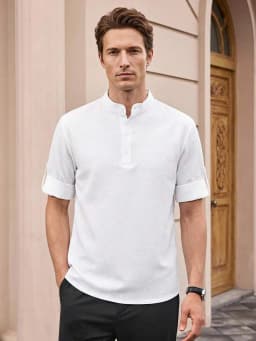 Officeau Men's Khaki Stand Collar Long Sleeve Henley Shirt, Roll-Up Sleeves, For Business Casual/ Vacation, Gift For Father/