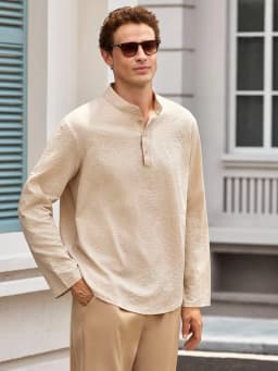 Officeau Men's Khaki Stand Collar Long Sleeve Henley Shirt, Roll-Up Sleeves, For Business Casual/ Vacation, Gift For Father/