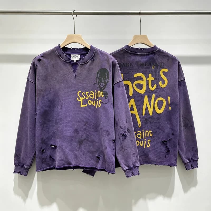 Tear Collar Yellow Print Label SSSAINT LOUIS Sweatshirts Men Women Vintage Washed Hole Damaged Soiled Loose Hoodie Pullovers