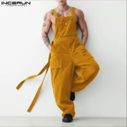 INCERUN Men Jumpsuits Solid Corduroy Sleeveless Casual Straps Rompers Men Streetwear Loose Pockets 2026 Fashion Cargo Overalls