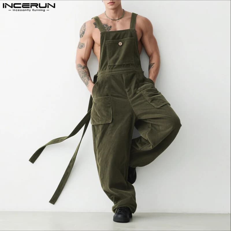 INCERUN Men Jumpsuits Solid Corduroy Sleeveless Casual Straps Rompers Men Streetwear Loose Pockets 2026 Fashion Cargo Overalls