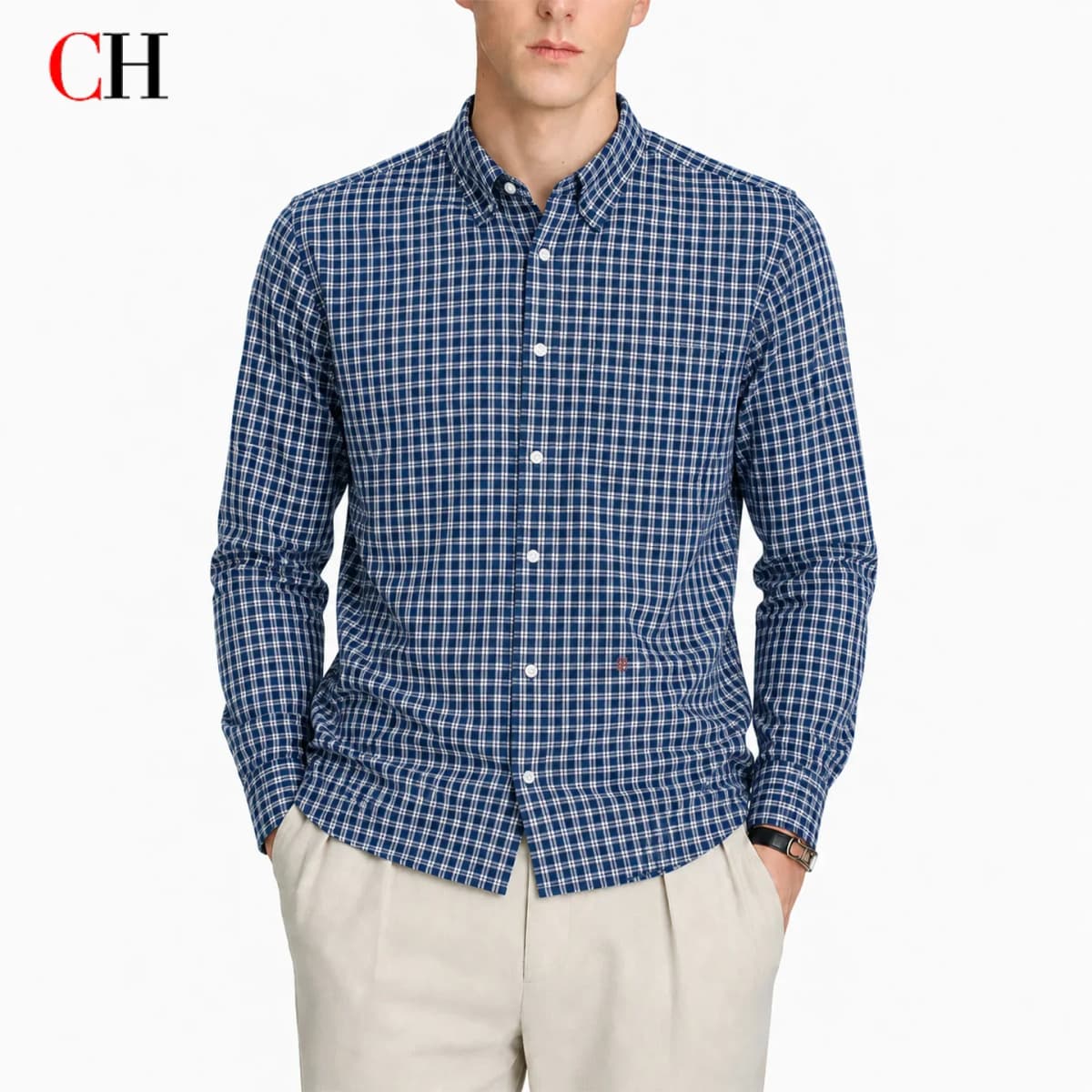 CH Mens Essential Lapel Subtle Letter Embroidery Full Grid Long Sleeve Shirt Office Casual Dual Use Top