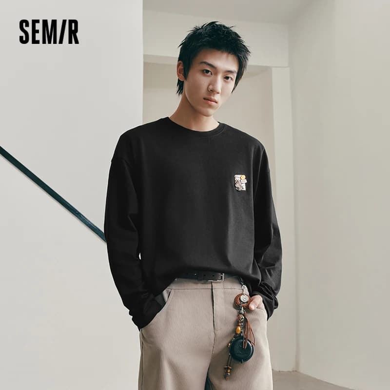 Semir Men Tshirt Long Sleeve Loose Crew Neck Embroidered Detail 2026 Autumn Couple Casual Pullover Everyday Top