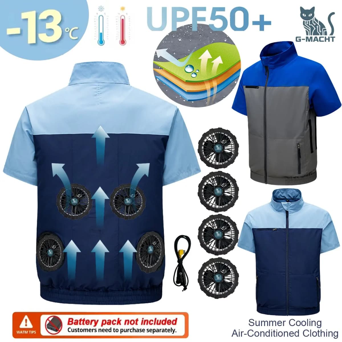G-MACHT Men Summer Anti-Heat Cooling Shirt With 4 Fans Air Condition Clothes Short Sleeve Sun Protection Outdoor Work Wear