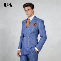 Blue Plaid Two Pieces Suit Including Jacket Pants, Double Side Pockets Formal Business Suit Attire XS-4XL Men's Prom Outfit