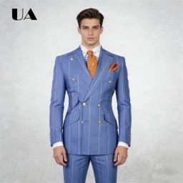 Blue Plaid Two Pieces Suit Including Jacket Pants, Double Side Pockets Formal Business Suit Attire XS-4XL Men's Prom Outfit
