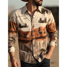 Men's Yellowstone Western Denim Shirt Two-tone patchwork pattern Men's roll-down button top Stylish casual long-sleeved shirt