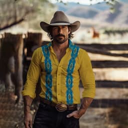 Men's Yellowstone Western Denim Shirt Two-tone patchwork pattern Men's roll-down button top Stylish casual long-sleeved shirt