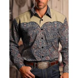 Men's Yellowstone Western Denim Shirt Two-tone patchwork pattern Men's roll-down button top Stylish casual long-sleeved shirt
