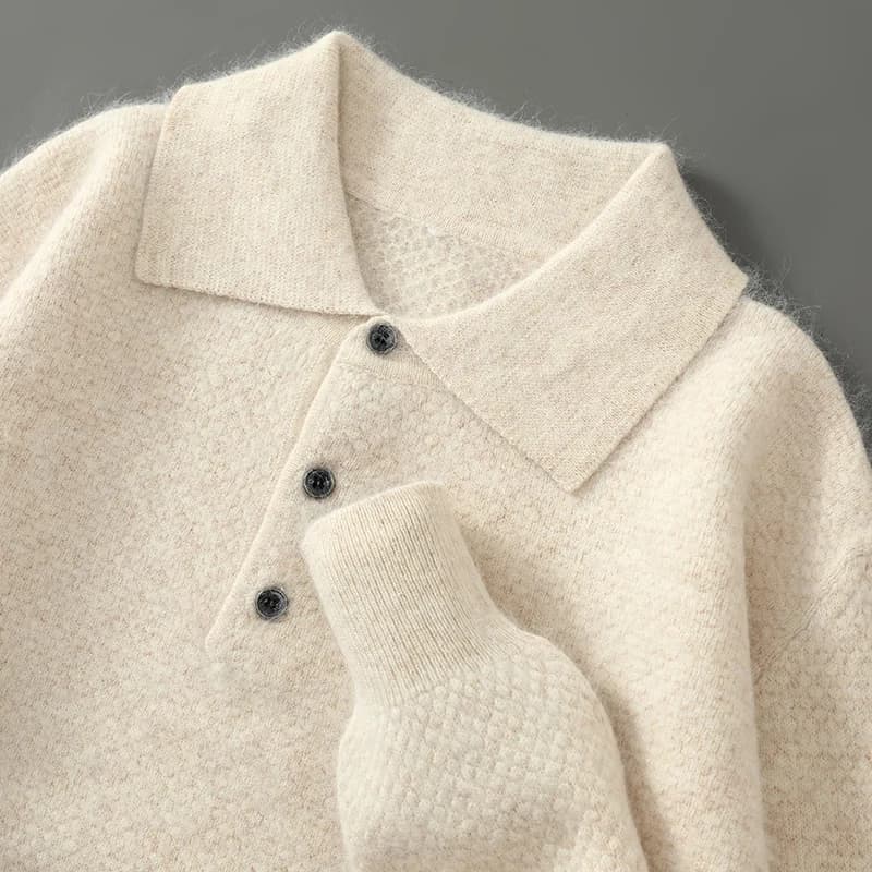 POLO Collar 100% Pure Mink Cashmere Knitted Sweater Men's Lapel Loose Knot Needle Pullovers Business Casual Warm Tops Base Shirt