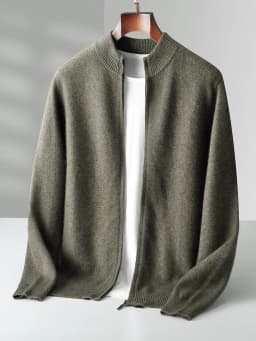 Autumn Winter Men's Woo Cardigan Zippers Mock Neck Long Sleeve Cashmere Sweater 100% Merino Wool Knitwear Thick Soft Clothing