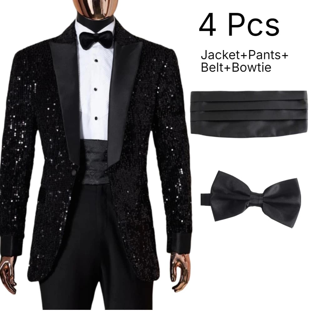 Shining Sequins Prom Men Suits Tuxedo Slim Fit Peak Lapel Luxury Blazer with Pants 4 Pcs Tailored Groom Wedding Party Suit