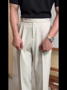 Naples Double Fold High Waist Linen Suit Pants For Men Summer Breathable Straight Leg Office Trousers Men Pantalon Costume Homme