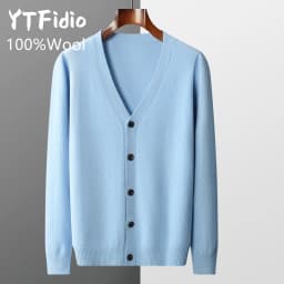 YTFidio 100% Wool Men Sweater V-Neck handsome Sweater Botton Warm Soft Solid Cardigan Knitwear Basic 190