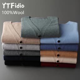 YTFidio 100% Wool Men Sweater V-Neck handsome Sweater Botton Warm Soft Solid Cardigan Knitwear Basic 190