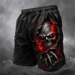 Men's Spring Summer 3D Printed Drawstring Shorts, Black Ripped Green Flame Skull Claw Horror Street Bottoms