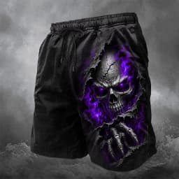 Men's Spring Summer 3D Printed Drawstring Shorts, Black Ripped Green Flame Skull Claw Horror Street Bottoms