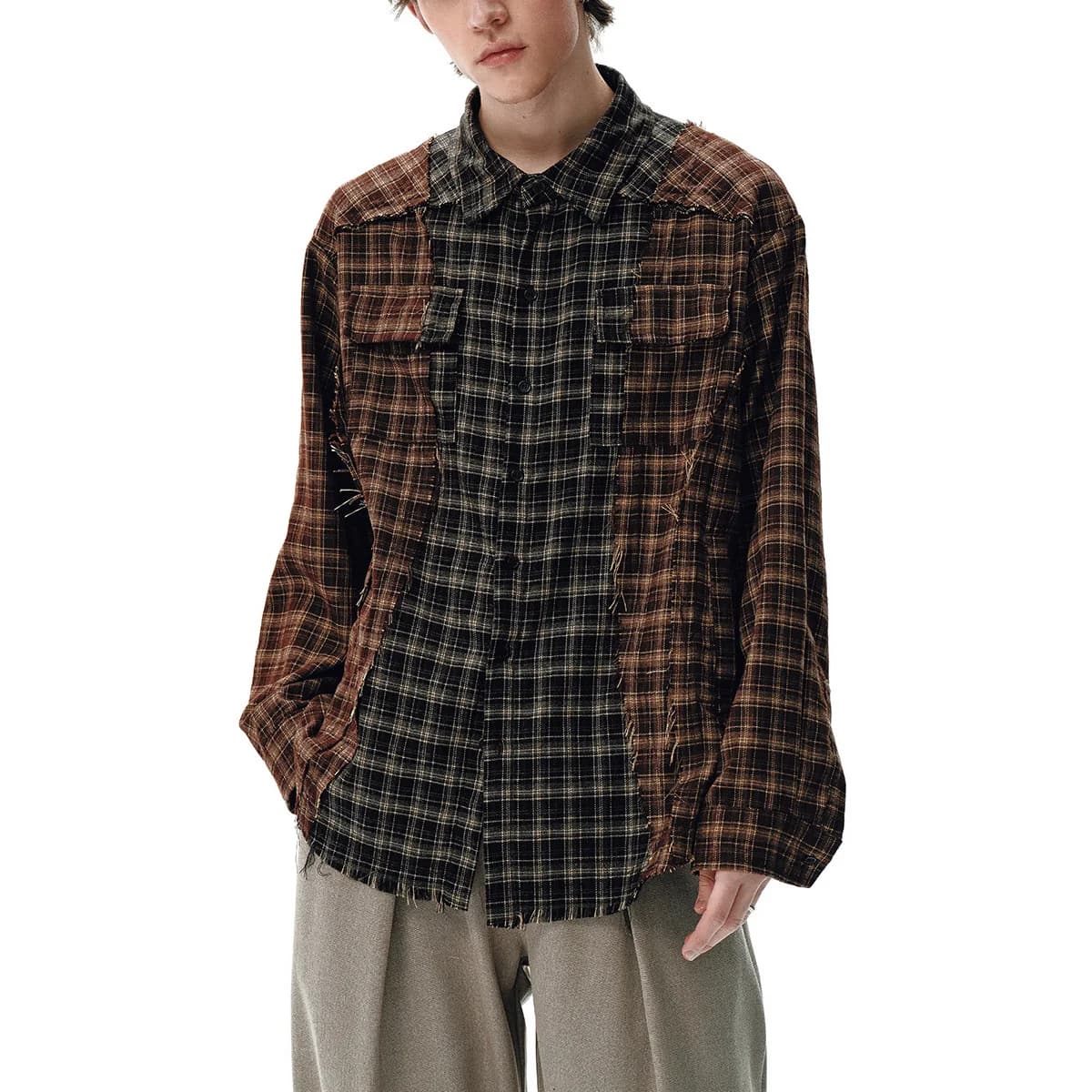 Plaid Splice Shirt Men Japanese Streetwear Fashion Loose Casual Long Sleeve Shirts Cityboy Oversize Cargo Shirts Unisex Blouses