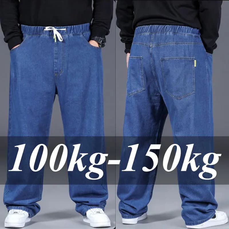 Men's Spring Autumn Plus Size Jeans 100-150KG Drawstring Waist Cotton Loose Trousers 44 46 48 50 Large Black Blue Male Clothing