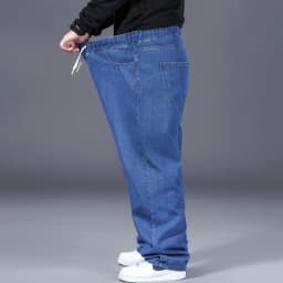 Men's Spring Autumn Plus Size Jeans 100-150KG Drawstring Waist Cotton Loose Trousers 44 46 48 50 Large Black Blue Male Clothing