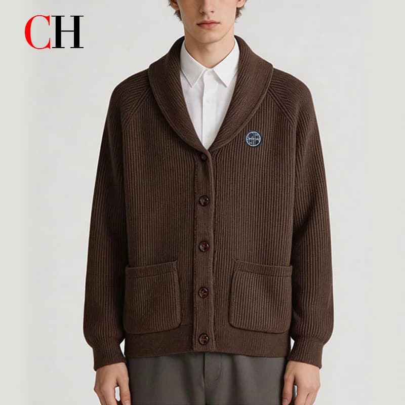 CH Men's Shawl Collar Ribbed Knit Cardigan Button Front Soft Warm Casual Winter Sweater Coat with Pockets