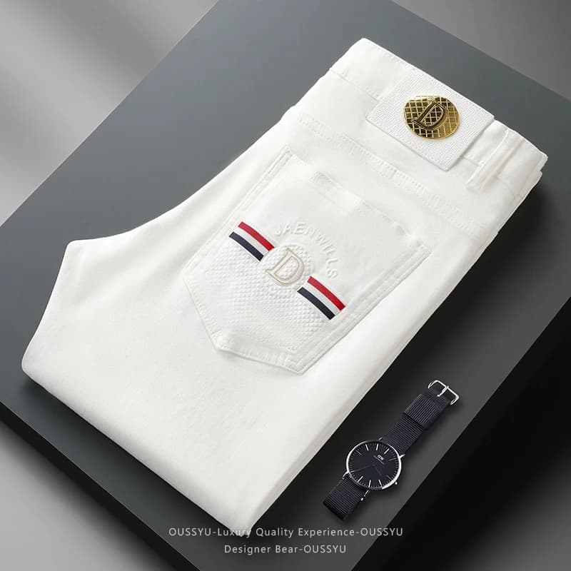 High Quality Luxury European Design White Jeans Men Slim Straight Elastic Casual Breathable Black Long Trousers Man Plus Size 40