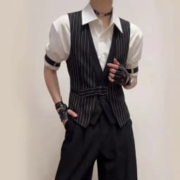 Striped Fake Two Piece Sleeveless Suit Vest Men's V-neck Vest Waiter Nightclub Uniform Waistcoat Casual Business Dress Vests