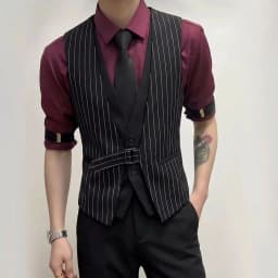 Striped Fake Two Piece Sleeveless Suit Vest Men's V-neck Vest Waiter Nightclub Uniform Waistcoat Casual Business Dress Vests
