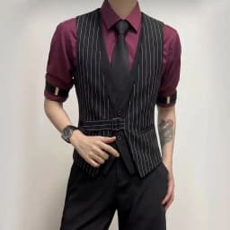 Striped Fake Two Piece Sleeveless Suit Vest Men's V-neck Vest Waiter Nightclub Uniform Waistcoat Casual Business Dress Vests