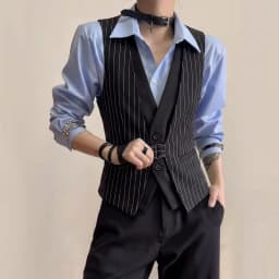 Striped Fake Two Piece Sleeveless Suit Vest Men's V-neck Vest Waiter Nightclub Uniform Waistcoat Casual Business Dress Vests