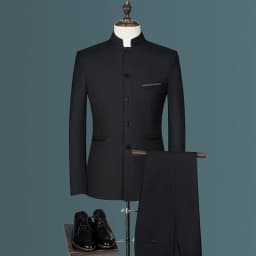 Men's Business, Fashionable, Cool, Casual, Stand-Up Collar, Single-Piece Korean-Style Zhongshan Suit Two-Piece Set