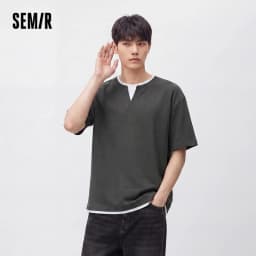 Semir Men Tshirt Short Sleeve V Neck Colorblock Waffle Knit 2026 Autumn Loose Casual Style Pullover Everyday Top