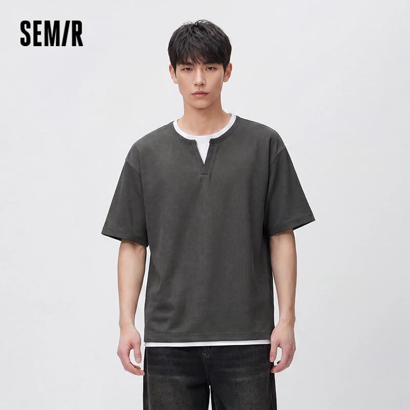 Semir Men Tshirt Short Sleeve V Neck Colorblock Waffle Knit 2026 Autumn Loose Casual Style Pullover Everyday Top