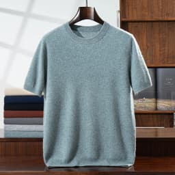 100% Pure Goat Cashmere Men's Crewneck Pullover Sweater Basic Half Sleeve Sweater Solid Color Business Casual Men's Top
