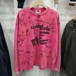 Men's Saint Retro Cotton Hoodie Pink Oversized Distressed Sweatshirt Casual Street Fashion