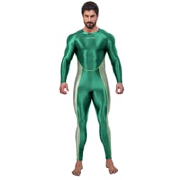 AMORESY Men Oil Glossy Shiny Satin Smooth Sports Tracksuit Long-sleeve Patchwork Bodybuilding Cycling Jumpsuit Bodysuit Catsuit