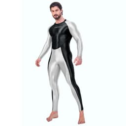 AMORESY Men Oil Glossy Shiny Satin Smooth Sports Tracksuit Long-sleeve Patchwork Bodybuilding Cycling Jumpsuit Bodysuit Catsuit