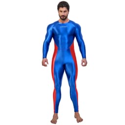 AMORESY Men Oil Glossy Shiny Satin Smooth Sports Tracksuit Long-sleeve Patchwork Bodybuilding Cycling Jumpsuit Bodysuit Catsuit