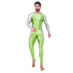 AMORESY Men Oil Glossy Shiny Satin Smooth Sports Tracksuit Long-sleeve Patchwork Bodybuilding Cycling Jumpsuit Bodysuit Catsuit