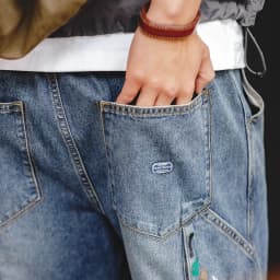 Maden Light Blue Splash-ink Graffiti Jeans for Men 9.2OZ Slub-textured Washed Straight Leg Logging Pants Autumn Streetwear Jeans