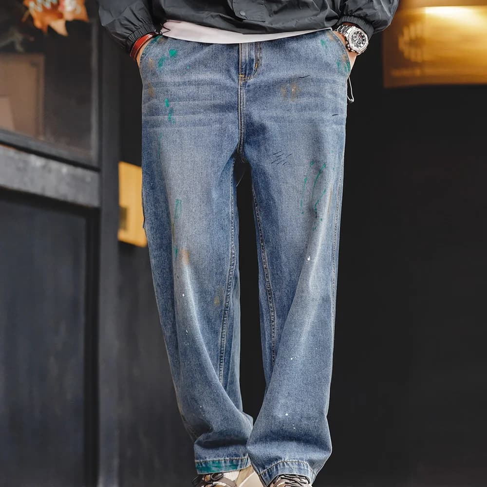 Maden Light Blue Splash-ink Graffiti Jeans for Men 9.2OZ Slub-textured Washed Straight Leg Logging Pants Autumn Streetwear Jeans