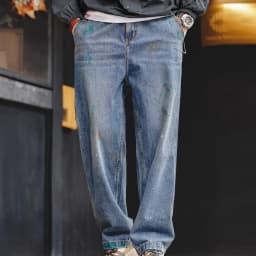 Maden Light Blue Splash-ink Graffiti Jeans for Men 9.2OZ Slub-textured Washed Straight Leg Logging Pants Autumn Streetwear Jeans