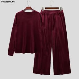 INCERUN Men's Sets Solid Velour Shiny Long Sleeve T Shirt Pants Two Piece Sets Streetwear Loose 2026 Fashion Men Matching Sets