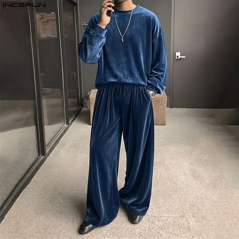 INCERUN Men's Sets Solid Velour Shiny Long Sleeve T Shirt Pants Two Piece Sets Streetwear Loose 2026 Fashion Men Matching Sets