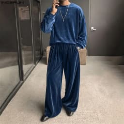 INCERUN Men's Sets Solid Velour Shiny Long Sleeve T Shirt Pants Two Piece Sets Streetwear Loose 2026 Fashion Men Matching Sets