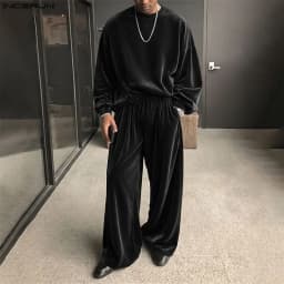 INCERUN Men's Sets Solid Velour Shiny Long Sleeve T Shirt Pants Two Piece Sets Streetwear Loose 2026 Fashion Men Matching Sets