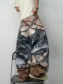 Men's Loose Wide-Leg Jeans With American High Street 3D Chain Print, Y2K Street Hip-Hop Trendy Versatile Pants