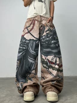Men's Loose Wide-Leg Jeans With American High Street 3D Chain Print, Y2K Street Hip-Hop Trendy Versatile Pants