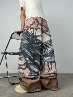 Men's Loose Wide-Leg Jeans With American High Street 3D Chain Print, Y2K Street Hip-Hop Trendy Versatile Pants