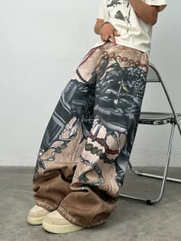 Men's Loose Wide-Leg Jeans With American High Street 3D Chain Print, Y2K Street Hip-Hop Trendy Versatile Pants